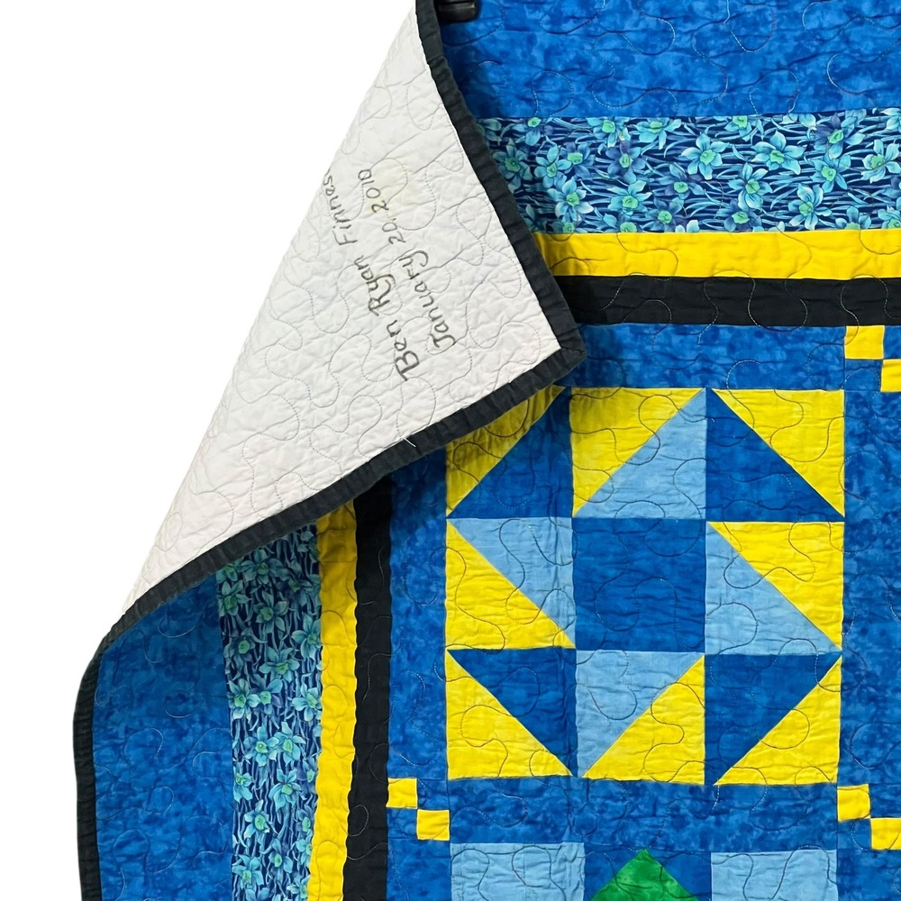 Handmade Modern Farmhouse Patchwork Quilt Blue Yellow Geometric Star 64x70 - Picture 3 of 7